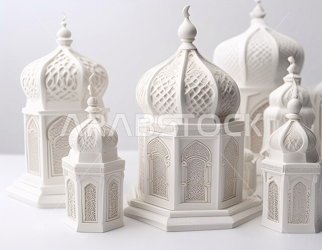 Decorations and lights in the spiritual Ramadan atmosphere, a luminous decorative metal Arabic lantern, lighting and decorations for the holy month of Ramadan, traditional Islamic lanterns and antiques to celebrate the coming of the month of goodness, Islamic art antiques and accessories.