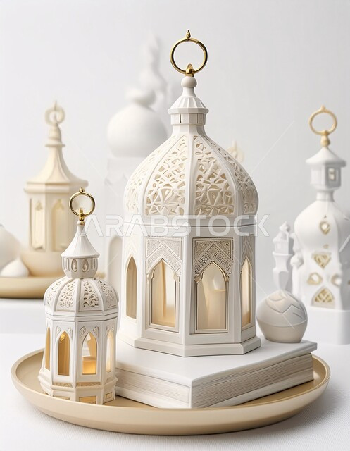 إضاءة وزينة شهر رمضان المبارك، الفن الاسلامي للتحف والاكسسوارات، ديكورات وأنوار في الأجواء الرمضانية الروحانية، فانوس عربي معدني مزخرف مضيء، فوانيس و تحف اسلامية تقليدية للاحتفال بقدوم شهر الخير