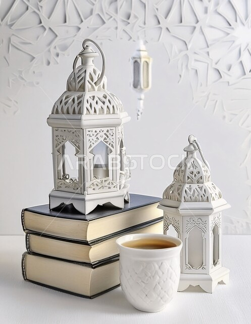 إضاءة وزينة شهر رمضان المبارك، الفن الاسلامي للتحف والاكسسوارات، ديكورات وأنوار في الأجواء الرمضانية الروحانية، فانوس عربي معدني مزخرف مضيء، فوانيس و تحف اسلامية تقليدية للاحتفال بقدوم شهر الخير
