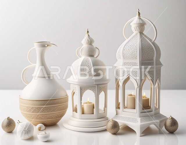 إضاءة وزينة شهر رمضان المبارك، الفن الاسلامي للتحف والاكسسوارات، ديكورات وأنوار في الأجواء الرمضانية الروحانية، فانوس عربي معدني مزخرف مضيء، فوانيس و تحف اسلامية تقليدية للاحتفال بقدوم شهر الخير