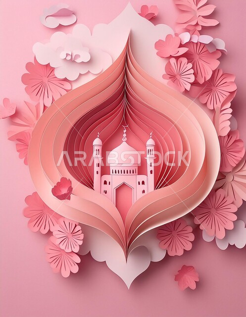 أجواء روحانية إسلامية, مقصد المسلمين لأداء الصلوات، العبادة والتقرب الى الله تعالى, الديكورات العصرية على الطراز الحديث لبناء المساجد, مجسم ثلاثي الابعاد لجامع باللون الوردي,  المعالم الإسلامية المقدسة، خلفية وردية