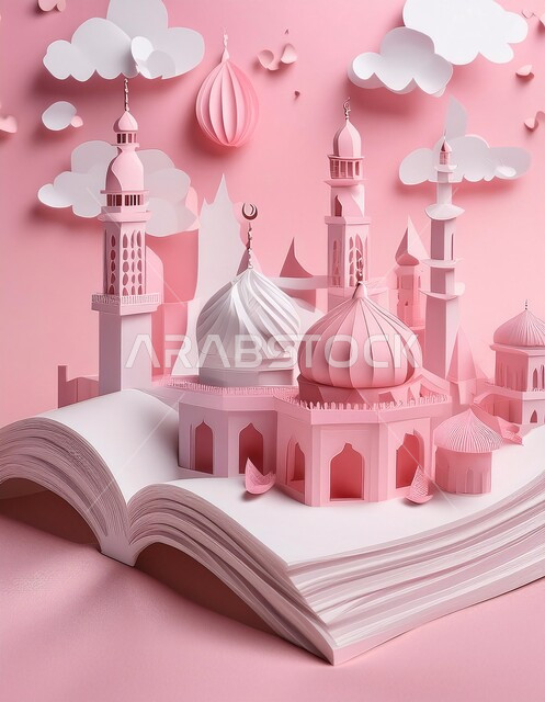 An Islamic spiritual atmosphere, a destination for Muslims to perform prayers, worship and draw closer to God Almighty, modern decorations in the modern style of building mosques, a three-dimensional model of a mosque in pink, holy Islamic monuments, a pink background