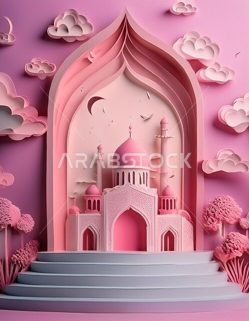 An Islamic spiritual atmosphere, a destination for Muslims to perform prayers, worship and draw closer to God Almighty, modern decorations in the modern style of building mosques, a three-dimensional model of a mosque in pink, holy Islamic monuments, a pink background