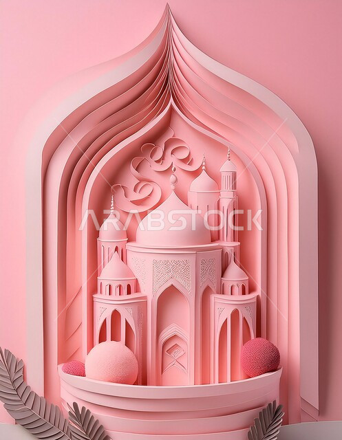 An Islamic spiritual atmosphere, a destination for Muslims to perform prayers, worship and draw closer to God Almighty, modern decorations in the modern style of building mosques, a three-dimensional model of a mosque in pink, holy Islamic monuments, a pink background