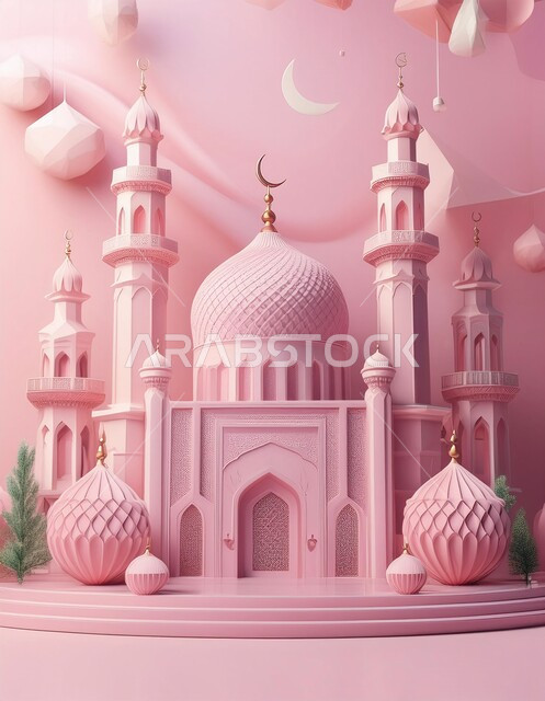  الديكورات العصرية على الطراز الحديث لبناء المساجد, أجواء روحانية إسلامية, مقصد المسلمين لأداء الصلوات، العبادة والتقرب الى الله تعالى, مجسم ثلاثي الابعاد لجامع باللون الوردي,  المعالم الإسلامية المقدسة، خلفية وردية