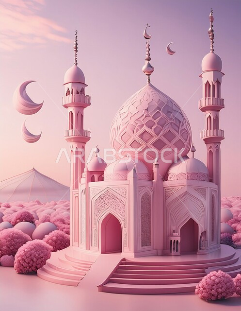  الديكورات العصرية على الطراز الحديث لبناء المساجد, أجواء روحانية إسلامية, مقصد المسلمين لأداء الصلوات، العبادة والتقرب الى الله تعالى, مجسم ثلاثي الابعاد لجامع باللون الوردي,  المعالم الإسلامية المقدسة، خلفية وردية
