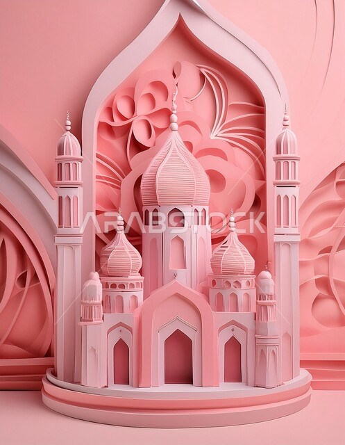  مجسم ثلاثي الابعاد لجامع باللون الوردي, الديكورات العصرية على الطراز الحديث لبناء المساجد, أجواء روحانية إسلامية, مقصد المسلمين لأداء الصلوات، العبادة والتقرب الى الله تعالى, المعالم الإسلامية المقدسة، خلفية وردية