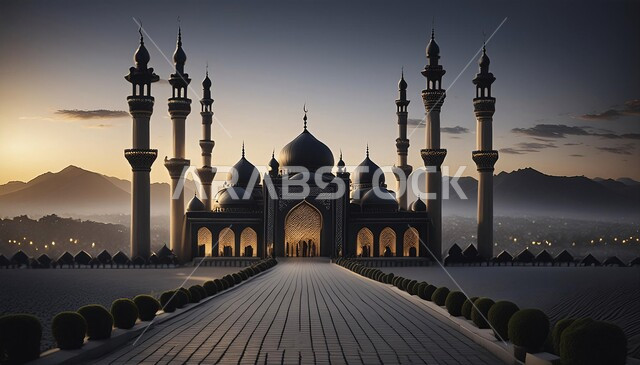  الديكورات العصرية على الطراز الحديث لبناء المساجد, مجسم ثلاثي الابعاد لجامع باللون الأسود, أجواء روحانية إسلامية, المعالم الإسلامية المقدسة، مقصد المسلمين لأداء الصلوات، العبادة والتقرب الى الله تعالى, خلفية سوداء