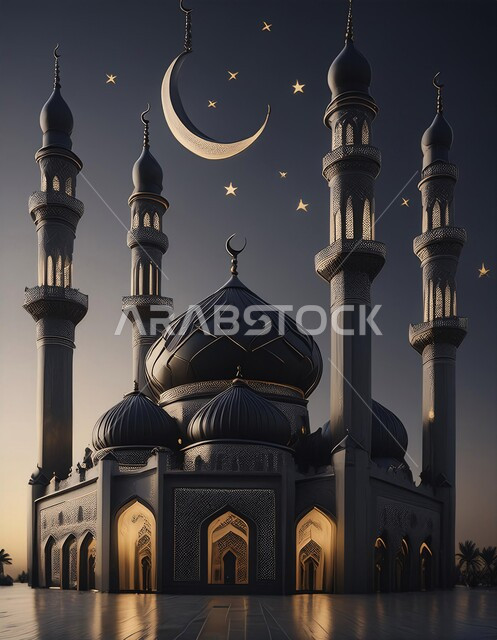  الديكورات العصرية على الطراز الحديث لبناء المساجد, مجسم ثلاثي الابعاد لجامع باللون الأسود, أجواء روحانية إسلامية, المعالم الإسلامية المقدسة، مقصد المسلمين لأداء الصلوات، العبادة والتقرب الى الله تعالى, خلفية سوداء