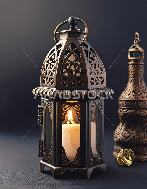 أجواء رمضانية وروحانية إسلامية، زينة وديكورات الاعياد والمناسبات الدينية، فانوس عربي معدني مزخرف مضيء, تحف وفوانيس تقليدية للاحتفال بقدوم شهر رمضان المبارك, خلفية المساجد الاسلامية