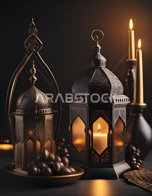 أجواء رمضانية وروحانية إسلامية، زينة وديكورات الاعياد والمناسبات الدينية، فانوس عربي معدني مزخرف مضيء, تحف وفوانيس تقليدية للاحتفال بقدوم شهر رمضان المبارك, خلفية المساجد الاسلامية