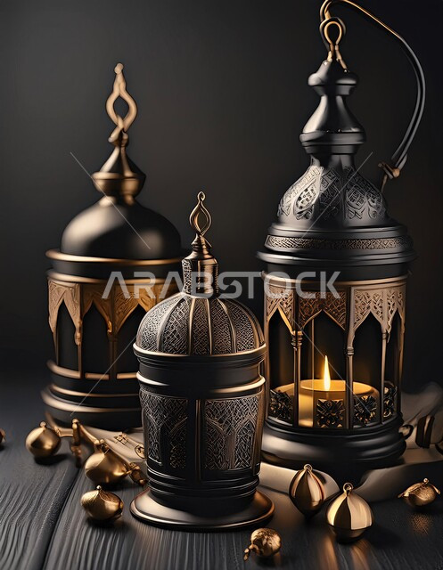 أجواء رمضانية وروحانية إسلامية، زينة وديكورات الاعياد والمناسبات الدينية، فانوس عربي معدني مزخرف مضيء, تحف وفوانيس تقليدية للاحتفال بقدوم شهر رمضان المبارك, خلفية المساجد الاسلامية