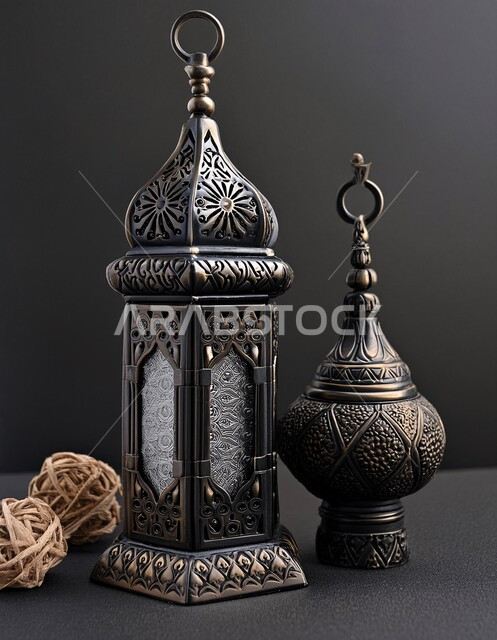 أجواء رمضانية وروحانية إسلامية، زينة وديكورات الاعياد والمناسبات الدينية، فانوس عربي معدني مزخرف مضيء, تحف وفوانيس تقليدية للاحتفال بقدوم شهر رمضان المبارك, خلفية المساجد الاسلامية
