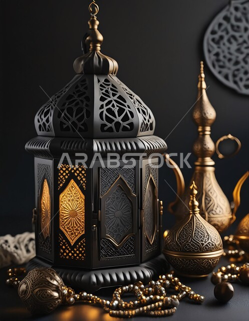أجواء رمضانية وروحانية إسلامية، زينة وديكورات الاعياد والمناسبات الدينية، فانوس عربي معدني مزخرف مضيء, تحف وفوانيس تقليدية للاحتفال بقدوم شهر رمضان المبارك, خلفية المساجد الاسلامية