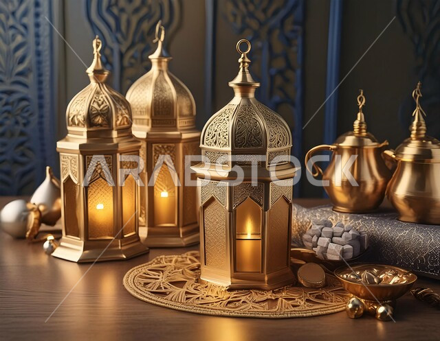  زينة وديكورات الاعياد والمناسبات الدينية، أجواء رمضانية وروحانية إسلامية، فانوس عربي معدني مزخرف مضيء, تحف وفوانيس تقليدية للاحتفال بقدوم شهر رمضان المبارك, خلفية المساجد الاسلامية