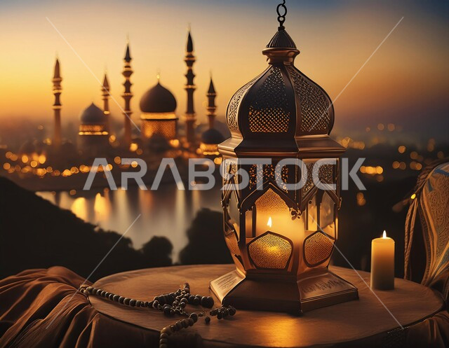  زينة وديكورات الاعياد والمناسبات الدينية، أجواء رمضانية وروحانية إسلامية، فانوس عربي معدني مزخرف مضيء, تحف وفوانيس تقليدية للاحتفال بقدوم شهر رمضان المبارك, خلفية المساجد الاسلامية