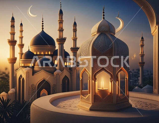  زينة وديكورات الاعياد والمناسبات الدينية، أجواء رمضانية وروحانية إسلامية، فانوس عربي معدني مزخرف مضيء, تحف وفوانيس تقليدية للاحتفال بقدوم شهر رمضان المبارك, خلفية المساجد الاسلامية