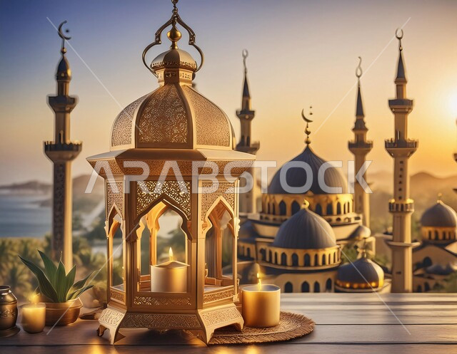 زينة وديكورات الاعياد والمناسبات الدينية، أجواء رمضانية وروحانية إسلامية، فانوس عربي معدني مزخرف مضيء, تحف وفوانيس تقليدية للاحتفال بقدوم شهر رمضان المبارك, خلفية المساجد الاسلامية
