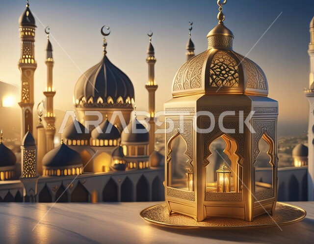  زينة وديكورات الاعياد والمناسبات الدينية، أجواء رمضانية وروحانية إسلامية، فانوس عربي معدني مزخرف مضيء, تحف وفوانيس تقليدية للاحتفال بقدوم شهر رمضان المبارك, خلفية المساجد الاسلامية