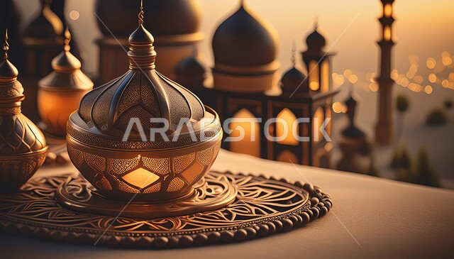 ديكورات وزينة الاعياد والمناسبات الدينية، أجواء رمضانية وروحانية إسلامية، فانوس عربي معدني مزخرف مضيء, تحف وفوانيس تقليدية للاحتفال بقدوم شهر رمضان المبارك, خلفية المساجد الاسلامية
