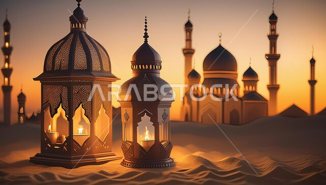 ديكورات وزينة الاعياد والمناسبات الدينية، أجواء رمضانية وروحانية إسلامية، فانوس عربي معدني مزخرف مضيء, تحف وفوانيس تقليدية للاحتفال بقدوم شهر رمضان المبارك, خلفية المساجد الاسلامية