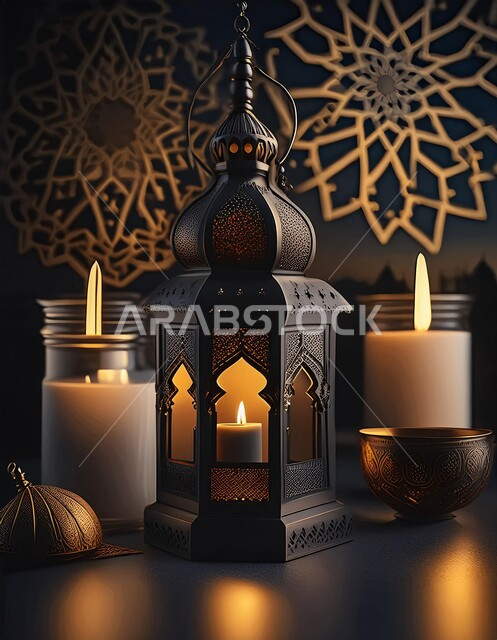 ديكورات وزينة الاعياد والمناسبات الدينية، أجواء رمضانية وروحانية إسلامية، فانوس عربي معدني مزخرف مضيء, تحف وفوانيس تقليدية للاحتفال بقدوم شهر رمضان المبارك, خلفية المساجد الاسلامية