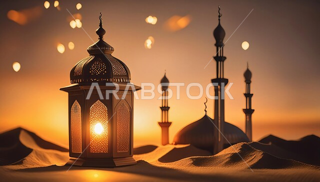 ديكورات وزينة الاعياد والمناسبات الدينية، أجواء رمضانية وروحانية إسلامية، فانوس عربي معدني مزخرف مضيء, تحف وفوانيس تقليدية للاحتفال بقدوم شهر رمضان المبارك, خلفية المساجد الاسلامية