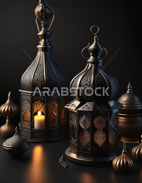  تحف وفوانيس تقليدية للاحتفال بقدوم شهر رمضان المبارك, ديكورات وزينة الاعياد والمناسبات الدينية، أجواء رمضانية وروحانية إسلامية، فانوس عربي معدني مزخرف مضيء, خلفية المساجد الاسلامية