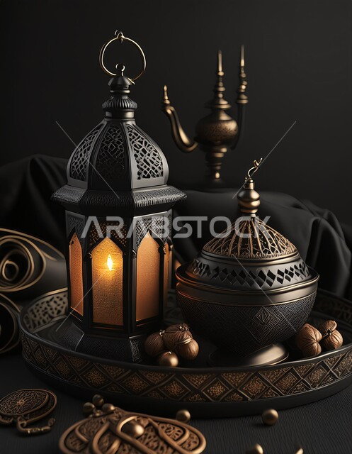  تحف وفوانيس تقليدية للاحتفال بقدوم شهر رمضان المبارك, ديكورات وزينة الاعياد والمناسبات الدينية، أجواء رمضانية وروحانية إسلامية، فانوس عربي معدني مزخرف مضيء, خلفية المساجد الاسلامية