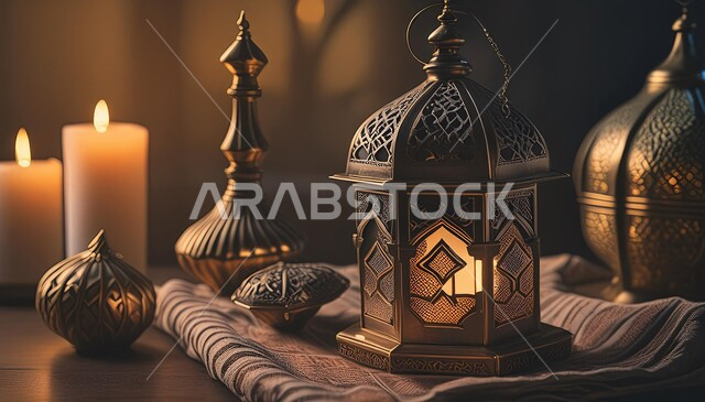 Traditional antiques and lanterns to celebrate the advent of the holy month of Ramadan, decorations and decorations for holidays and religious occasions, Ramadan and Islamic spiritual atmosphere, illuminated decorative metal Arabic lantern, background of Islamic mosques