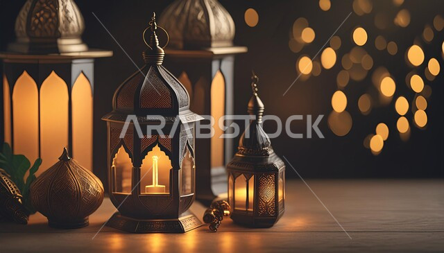 Traditional antiques and lanterns to celebrate the advent of the holy month of Ramadan, decorations and decorations for holidays and religious occasions, Ramadan and Islamic spiritual atmosphere, illuminated decorative metal Arabic lantern, background of Islamic mosques