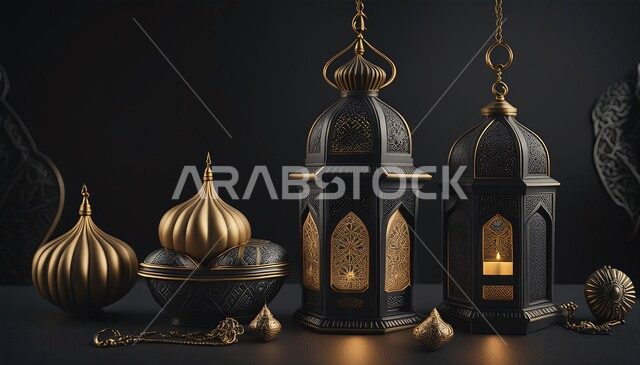  تحف وفوانيس تقليدية للاحتفال بقدوم شهر رمضان المبارك, ديكورات وزينة الاعياد والمناسبات الدينية، أجواء رمضانية وروحانية إسلامية، فانوس عربي معدني مزخرف مضيء, خلفية المساجد الاسلامية