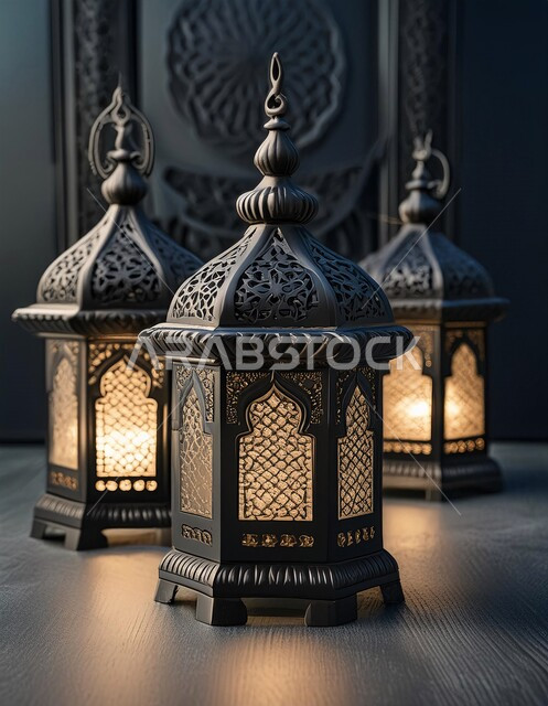Traditional antiques and lanterns to celebrate the advent of the holy month of Ramadan, decorations and decorations for holidays and religious occasions, Ramadan and Islamic spiritual atmosphere, illuminated decorative metal Arabic lantern, background of Islamic mosques