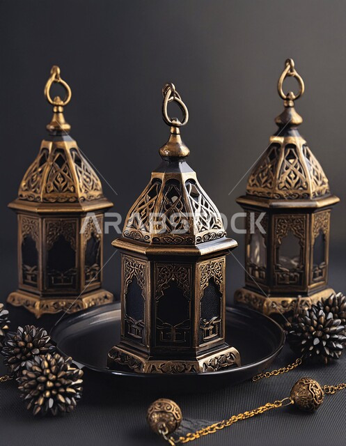Traditional antiques and lanterns to celebrate the advent of the holy month of Ramadan, decorations and decorations for holidays and religious occasions, Ramadan and Islamic spiritual atmosphere, illuminated decorative metal Arabic lantern, background of Islamic mosques