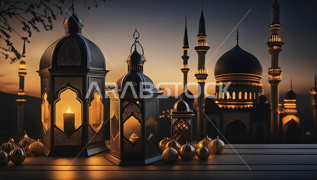 فوانيس وتحف تقليدية للاحتفال بقدوم شهر رمضان المبارك, ديكورات وزينة الاعياد والمناسبات الدينية، أجواء رمضانية وروحانية إسلامية، فانوس عربي معدني مزخرف مضيء, خلفية المساجد الاسلامية