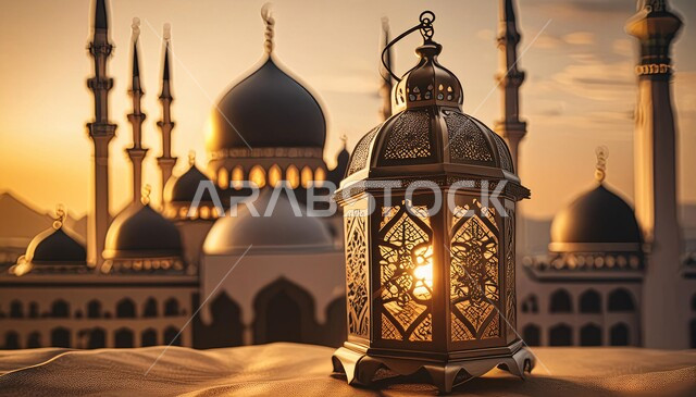 Traditional lanterns and antiques to celebrate the advent of the holy month of Ramadan, decorations and decorations for holidays and religious occasions, Ramadan and Islamic spiritual atmosphere, illuminated decorative metal Arabic lantern, background of Islamic mosques