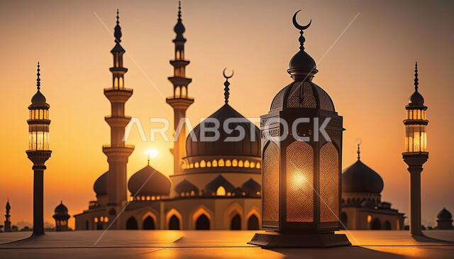 فوانيس وتحف تقليدية للاحتفال بقدوم شهر رمضان المبارك, ديكورات وزينة الاعياد والمناسبات الدينية، أجواء رمضانية وروحانية إسلامية، فانوس عربي معدني مزخرف مضيء, خلفية المساجد الاسلامية