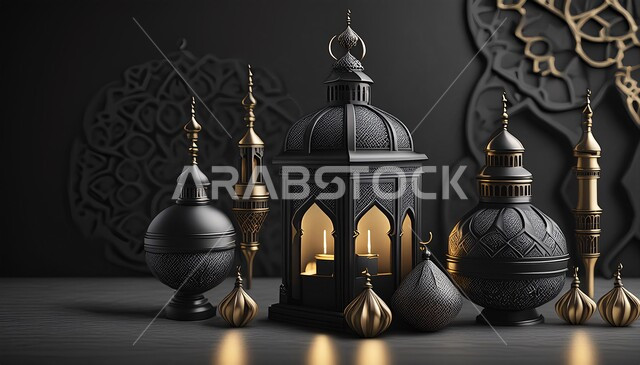 فوانيس وتحف تقليدية للاحتفال بقدوم شهر رمضان المبارك, ديكورات وزينة الاعياد والمناسبات الدينية، أجواء رمضانية وروحانية إسلامية، فانوس عربي معدني مزخرف مضيء, خلفية المساجد الاسلامية