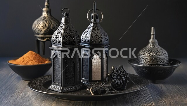 Traditional lanterns and antiques to celebrate the advent of the holy month of Ramadan, decorations and decorations for holidays and religious occasions, Ramadan and Islamic spiritual atmosphere, illuminated decorative metal Arabic lantern, background of Islamic mosques