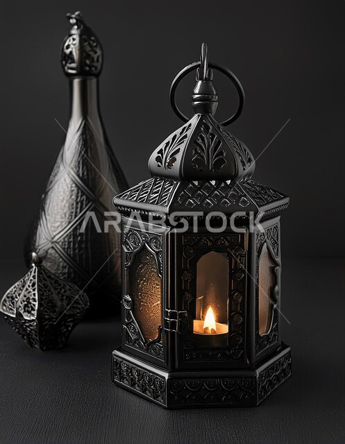 فوانيس وتحف تقليدية للاحتفال بقدوم شهر رمضان المبارك, ديكورات وزينة الاعياد والمناسبات الدينية، أجواء رمضانية وروحانية إسلامية، فانوس عربي معدني مزخرف مضيء, خلفية المساجد الاسلامية