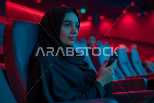 تجربه سينمائيه خياليه، صالات عرض رباعية الأبعاد, صورة مقربة لسيدة عربية سعودية خليجية محجبة ترتدي العباءة السوداء تجلس في صالة كي ماكس سينما تستمتع بالمشاهدة تمسك بيدها الهاتف المحمول، تعابير تدل على الفرح والسعاده، أنشطة ترفيهية متميزة