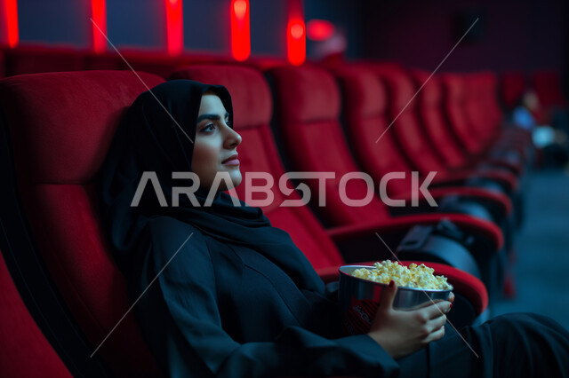 تجربه سينمائيه خياليه، صالات عرض رباعية الأبعاد, صورة مقربة لسيدة عربية سعودية خليجية محجبة ترتدي العباءة السوداء تجلس في صالة كي ماكس سينما تستمتع بالمشاهدة وتناول الفشار، تعابير تدل على الفرح والسعاده، أنشطة ترفيهية متميزة
