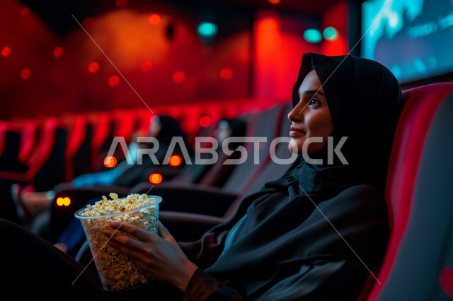 تجربه سينمائيه خياليه، صالات عرض رباعية الأبعاد, صورة مقربة لسيدة عربية سعودية خليجية محجبة ترتدي العباءة السوداء تجلس في صالة كي ماكس سينما تستمتع بالمشاهدة وتناول الفشار، تعابير تدل على الفرح والسعاده، أنشطة ترفيهية متميزة