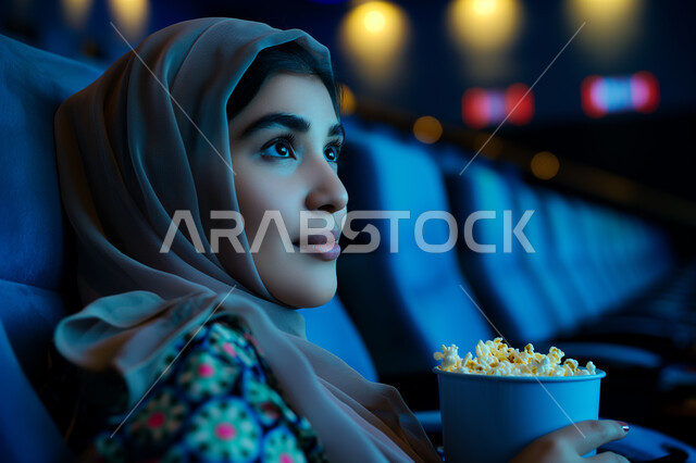 An imaginative cinematic experience, 4D showrooms, a close-up image of a veiled Saudi Arabian Gulf woman wearing a black abaya sitting in a K-Max cinema hall enjoying watching and eating popcorn, expressions indicating joy and happiness, distinct entertainment activities