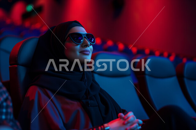 تجربه سينمائيه خياليه، صالات عرض رباعية الأبعاد, صورة مقربة لسيدة عربية سعودية خليجية محجبة ترتدي العباءة السوداء والنظارة تجلس في صالة كي ماكس سينما تستمتع بالمشاهدة، تعابير تدل على الفرح والسعاده، أنشطة ترفيهية متميزة
