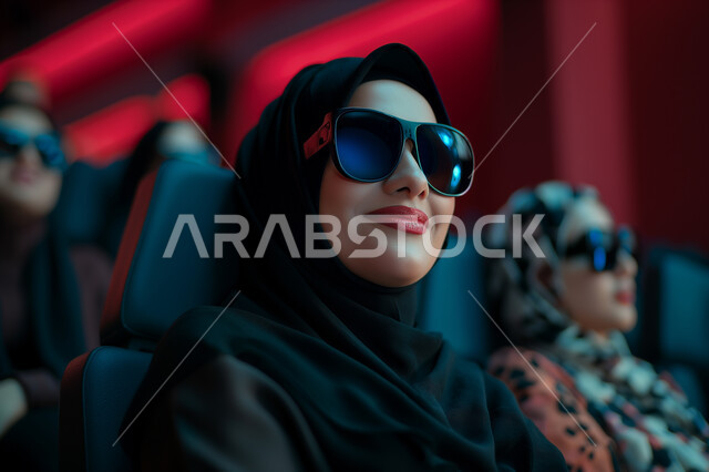تجربه سينمائيه خياليه، صالات عرض رباعية الأبعاد, صورة مقربة لسيدة عربية سعودية خليجية محجبة ترتدي العباءة السوداء والنظارة تجلس في صالة كي ماكس سينما تستمتع بالمشاهدة، تعابير تدل على الفرح والسعاده، أنشطة ترفيهية متميزة