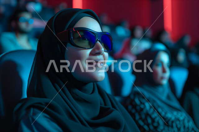 تجربه سينمائيه خياليه، صالات عرض رباعية الأبعاد, صورة مقربة لسيدة عربية سعودية خليجية محجبة ترتدي العباءة السوداء والنظارة تجلس في صالة كي ماكس سينما تستمتع بالمشاهدة، تعابير تدل على الفرح والسعاده، أنشطة ترفيهية متميزة