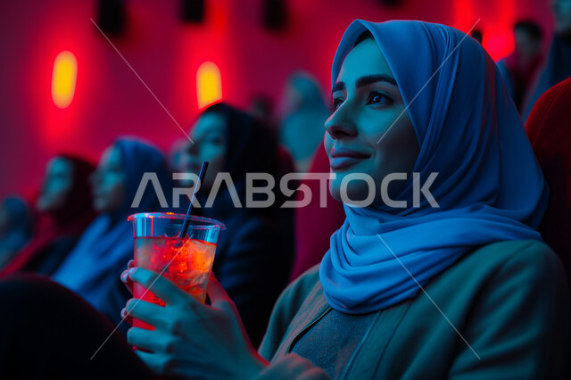 تجربه سينمائيه خياليه، صالات عرض رباعية الأبعاد, صورة مقربة لسيدة عربية سعودية خليجية محجبة ترتدي العباءة السوداء تجلس في صالة كي ماكس سينما تستمتع بالمشاهدة وشرب العصير، تعابير تدل على الفرح والسعاده، أنشطة ترفيهية متميزة