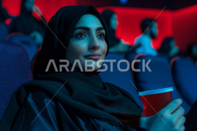 تجربه سينمائيه خياليه، صالات عرض رباعية الأبعاد, صورة مقربة لسيدة عربية سعودية خليجية محجبة ترتدي العباءة السوداء تجلس في صالة كي ماكس سينما تستمتع بالمشاهدة وشرب العصير، تعابير تدل على الفرح والسعاده، أنشطة ترفيهية متميزة