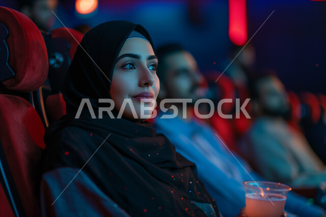 تجربه سينمائيه خياليه، صالات عرض رباعية الأبعاد, صورة مقربة لسيدة عربية سعودية خليجية محجبة ترتدي العباءة السوداء تجلس في صالة كي ماكس سينما تستمتع بالمشاهدة وشرب العصير، تعابير تدل على الفرح والسعاده، أنشطة ترفيهية متميزة